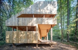 Lesní dům postavený výhradně ze dřeva jako by vytvořila sama příroda: „Prorůstají“ jím holé kmeny stromů