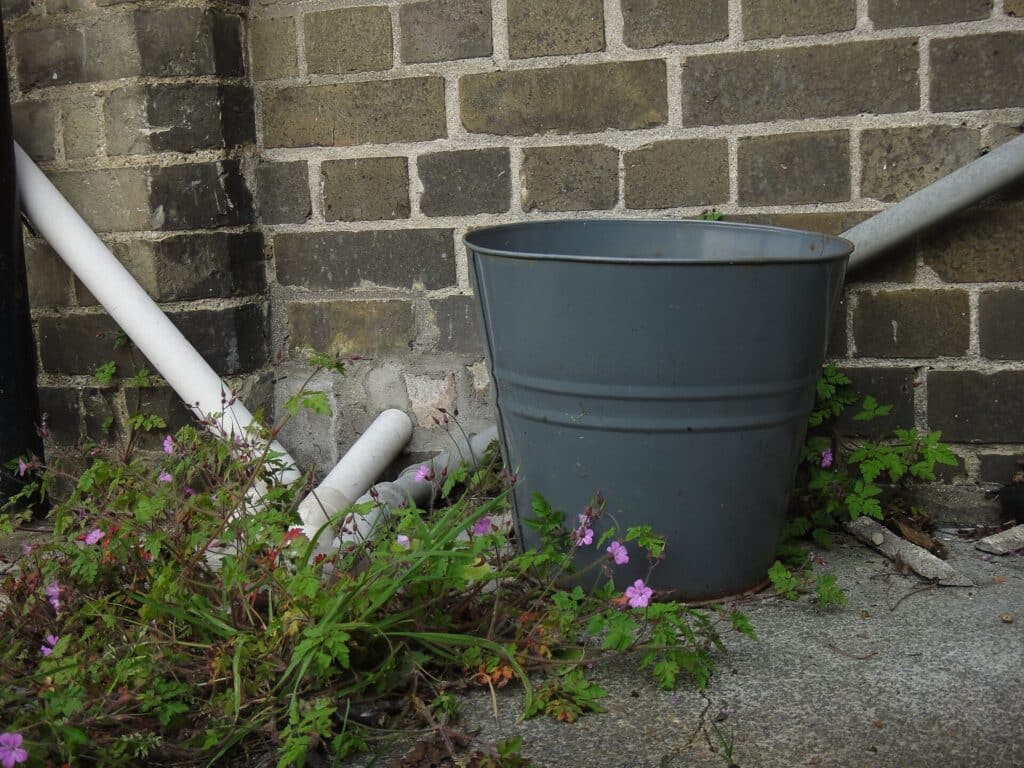 metal bucket with weed and pipes